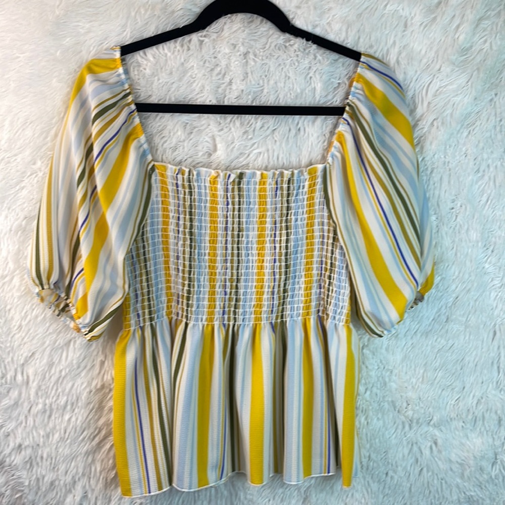 Sugarfox yellow/blue/green smocked challis square neck blouse